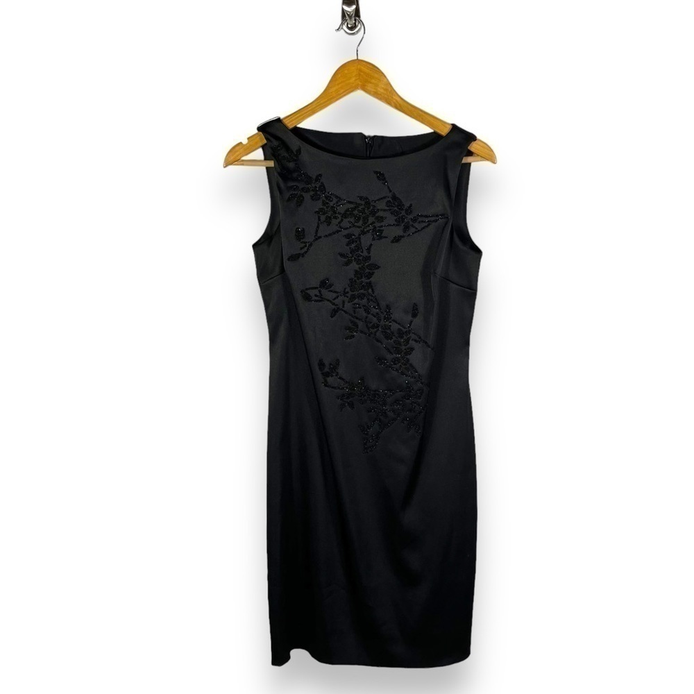 4 for $40 SALE! CDC Petites Boatneck Beaded Satin Sheath Dress, Black, Size 8